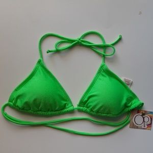 OP GLITTER BRIGHT GREEN TRIANGLE STRING BIKINI TOP
